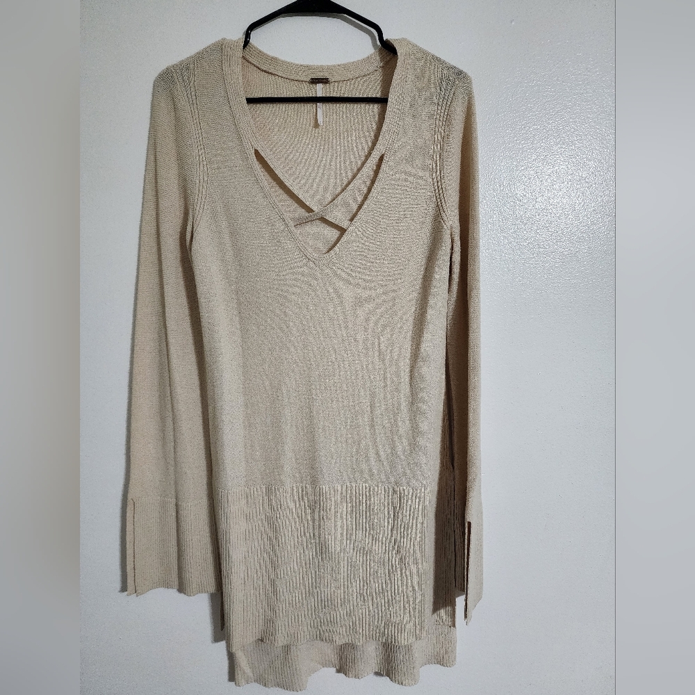Free People Criss Cross Deep-V Pullover  Ivory Tunic Sweater